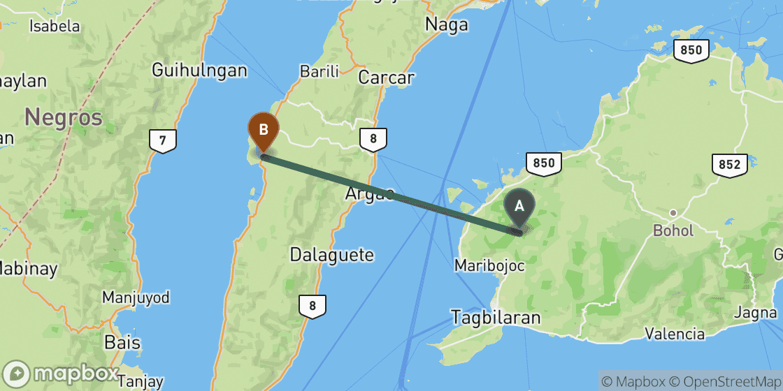Map showing route from Bohol to Moalboal - 85 km