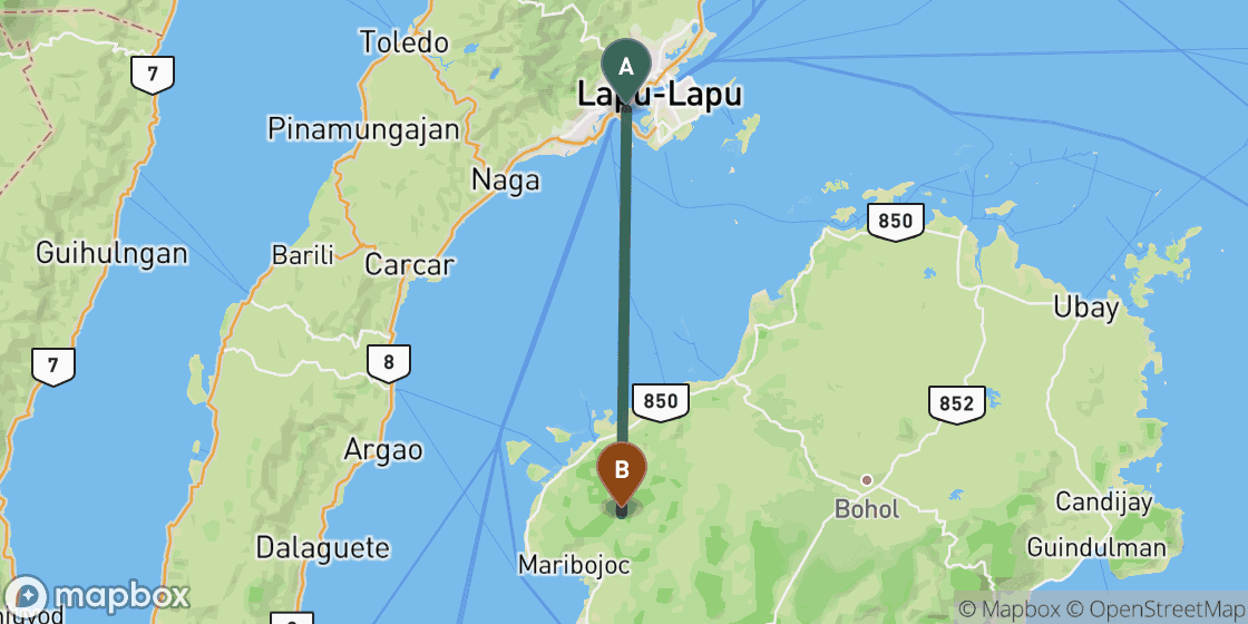 Mapa que muestra la ruta de Cebu a Bohol - 59 km