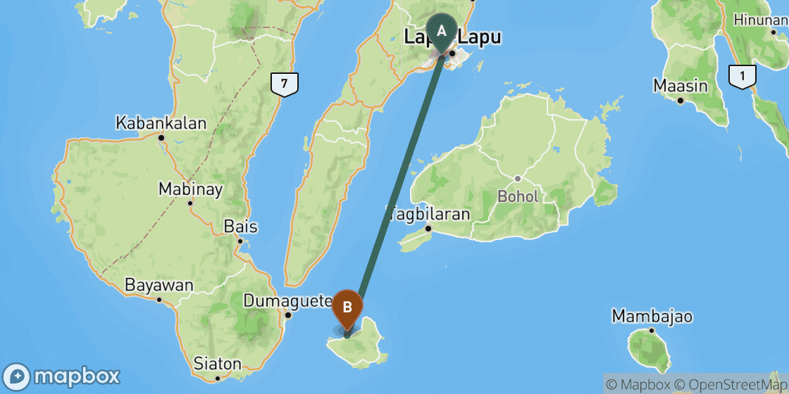Kaart met de route van Cebu naar Siquijor - 130 km