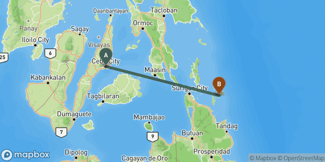 Kaart met de route van Cebu naar Siargao - 240 km
