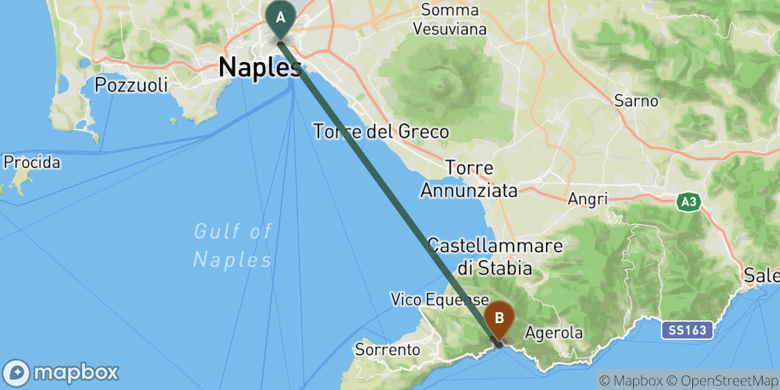 Carte montrant l’itinéraire de Naples à Positano - 30 km