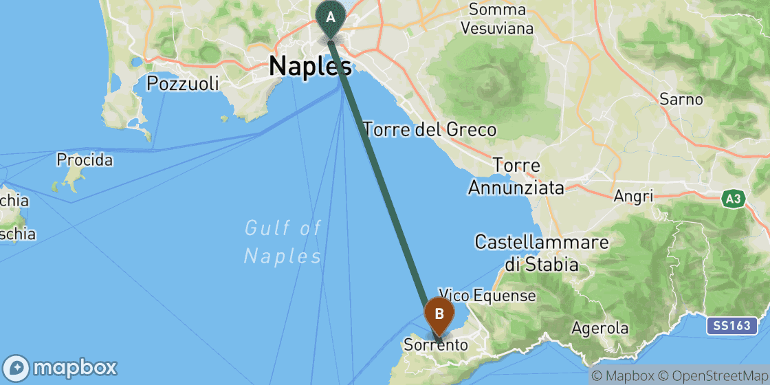 Carte montrant l’itinéraire de Naples à Sorrento - 25 km
