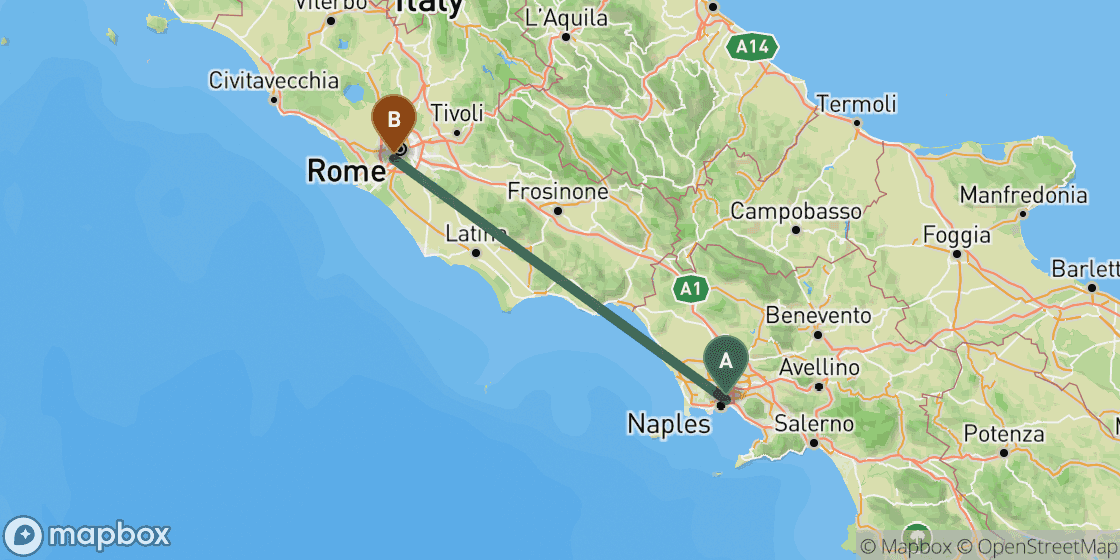 Map showing route from Naples to Rome - 189 km