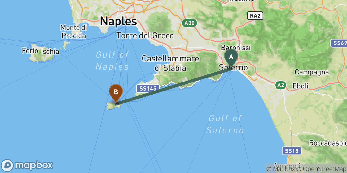 Kaart met de route van Salerno naar Capri - 47 km