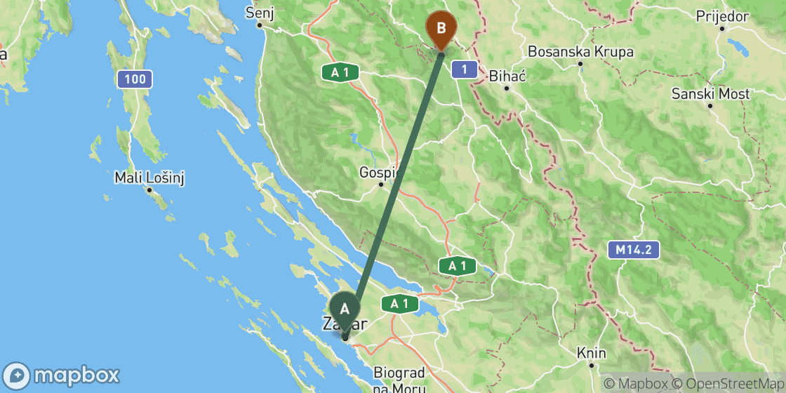 Karte mit der Route von Zadar nach Plitvice Lakes - 87 km