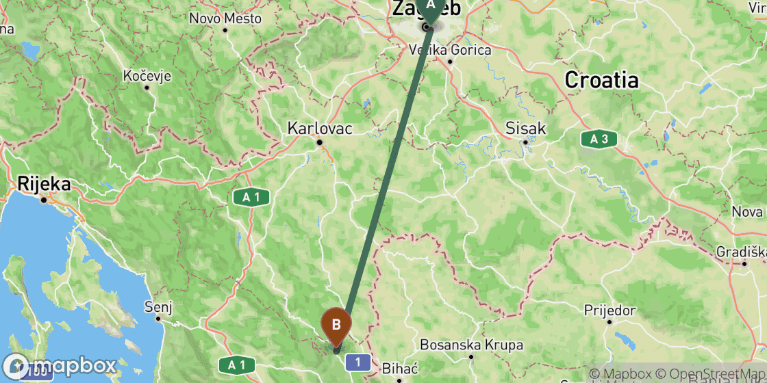 Karte mit der Route von Zagreb nach Plitvice Lakes - 110 km