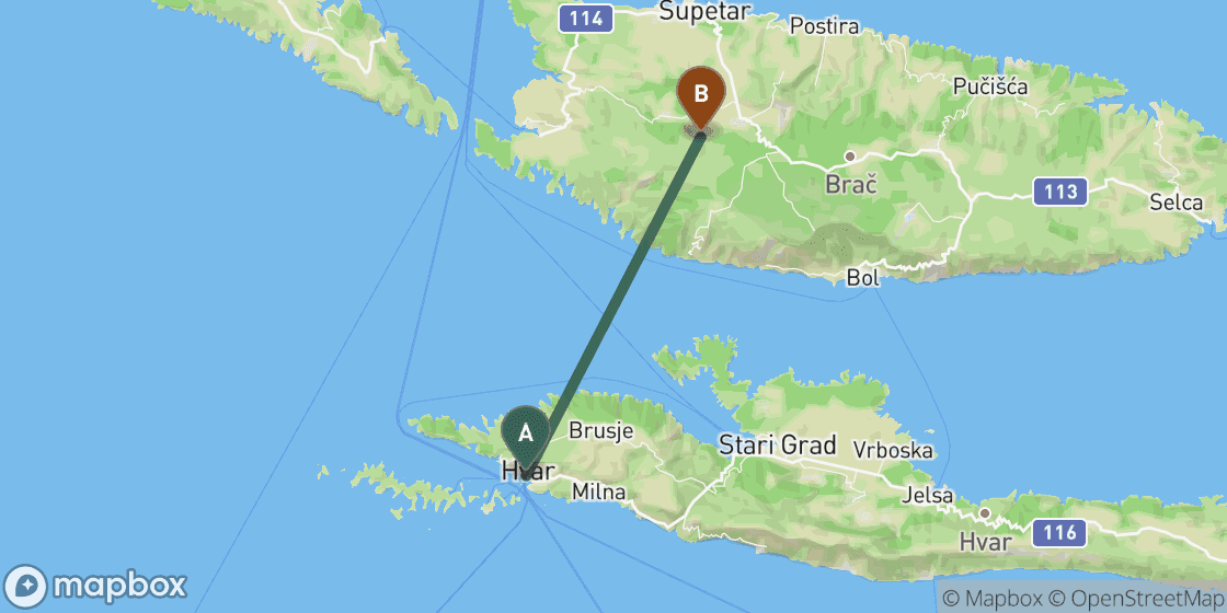 Kaart met de route van Hvar naar Brac - 24 km
