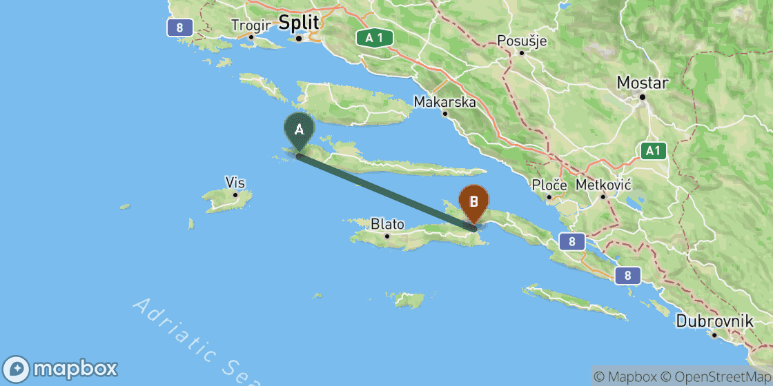 Map showing route from Hvar to Korcula - 61 km
