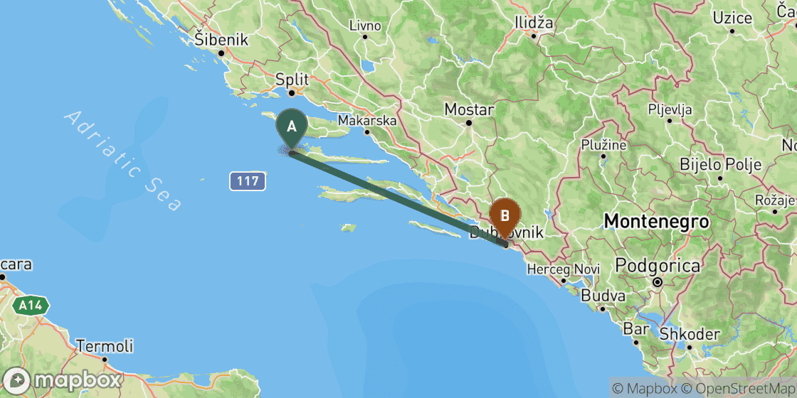 Kaart met de route van Hvar naar Dubrovnik - 148 km