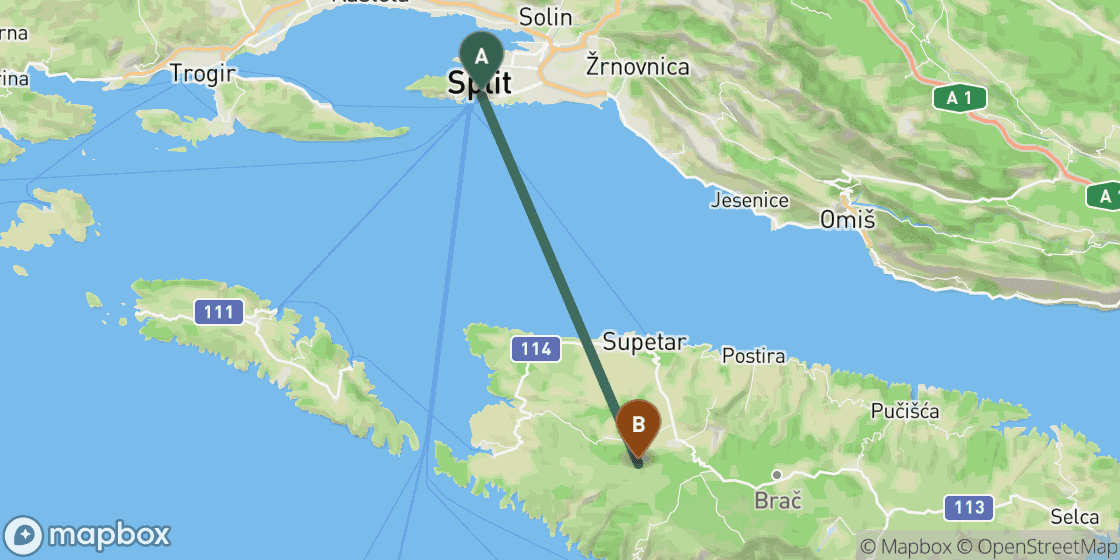 Kaart met de route van Split naar Brac - 29 km