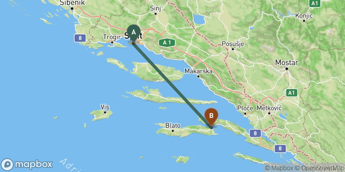 Kaart met de route van Split naar Korcula - 83 km