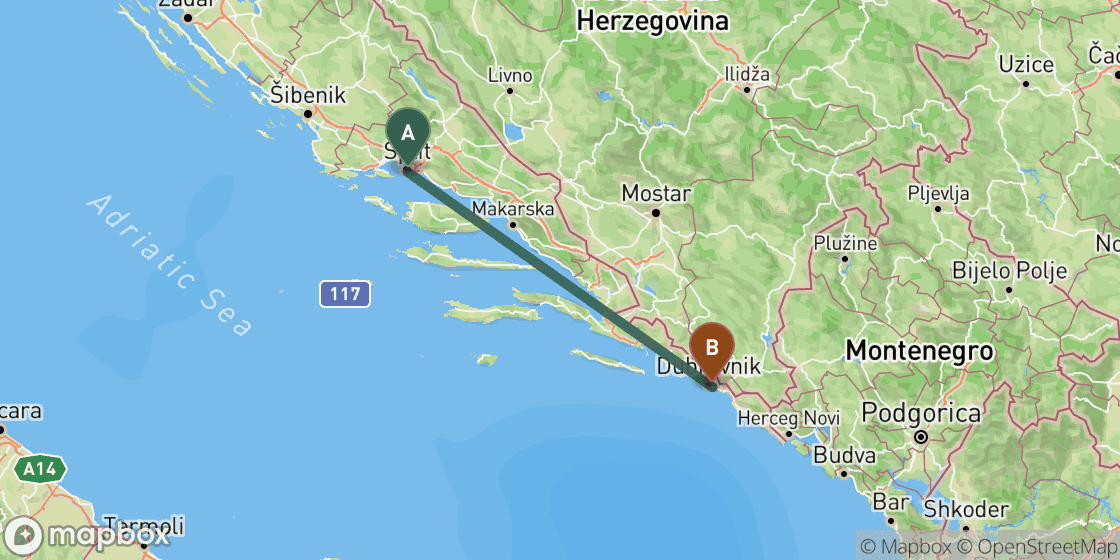 Mapa que muestra la ruta de Split a Dubrovnik - 166 km