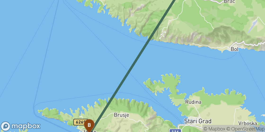Mapa que muestra la ruta de Brac a Hvar - 24 km