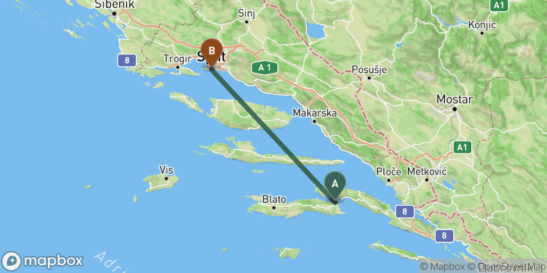 Mapa que muestra la ruta de Korcula a Split - 83 km