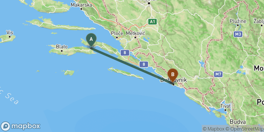 Karte mit der Route von Korcula nach Dubrovnik - 87 km