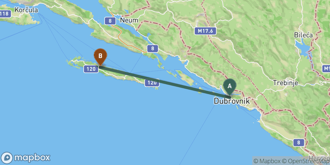 Kaart met de route van Dubrovnik naar Mljet - 48 km