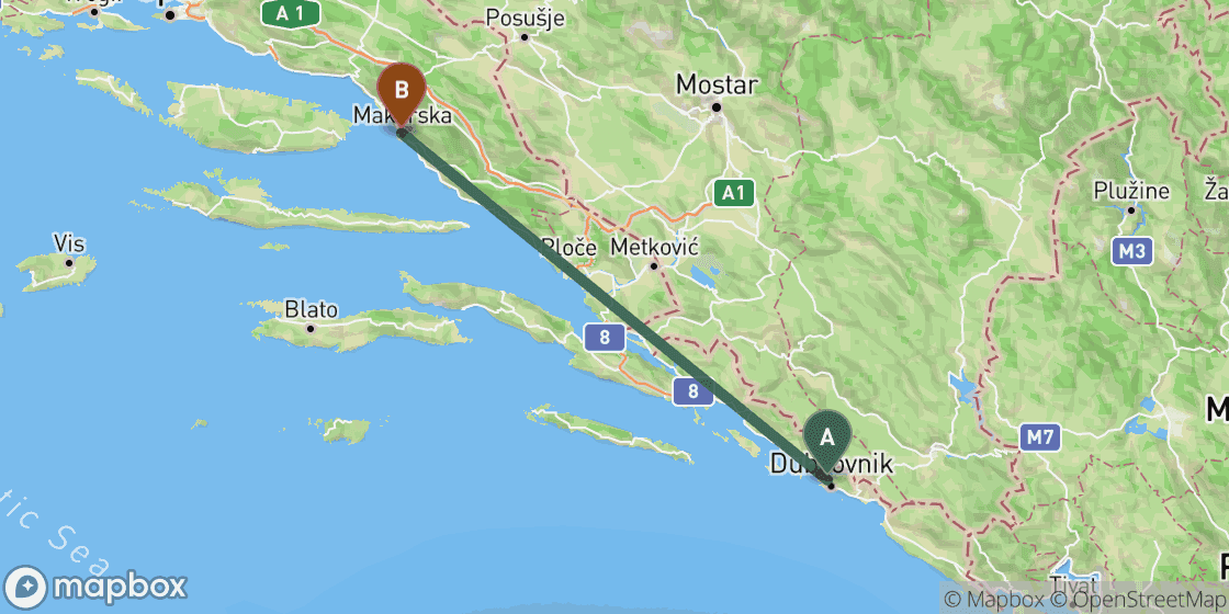 Kaart met de route van Dubrovnik naar Makarska - 115 km