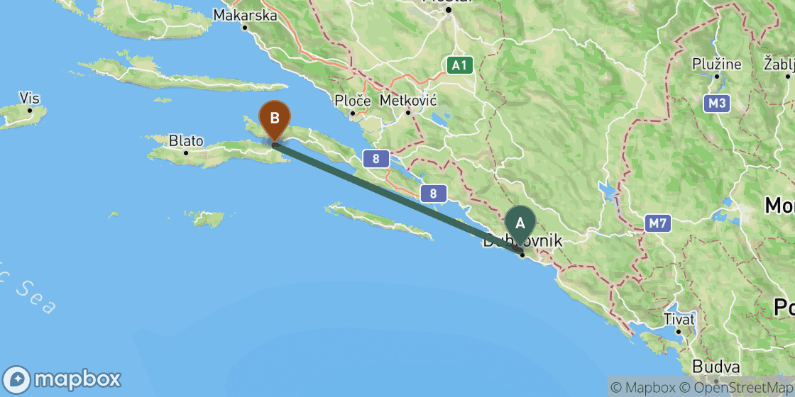 Kaart met de route van Dubrovnik naar Korcula - 87 km