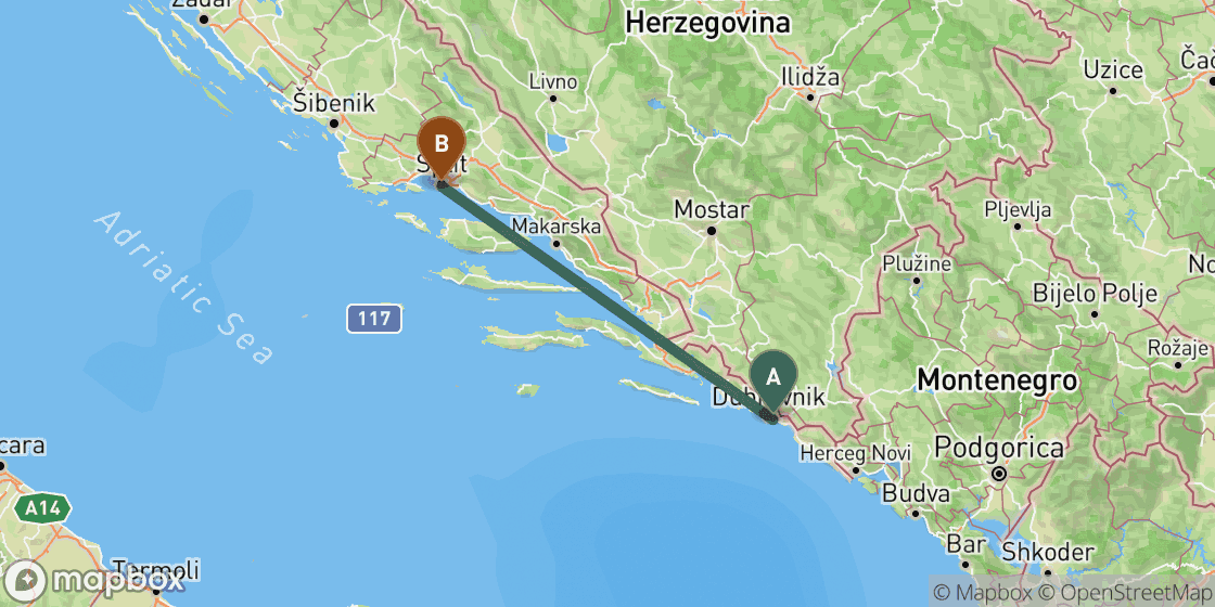 Carte montrant l’itinéraire de Dubrovnik à Split - 166 km