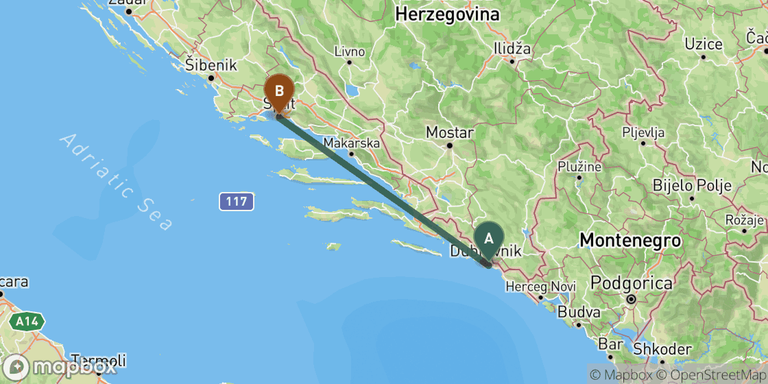 Map showing route from Dubrovnik to Split - 166 km