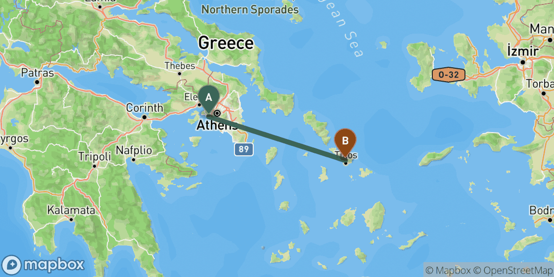 Karte mit der Route von Athens nach Tinos - 130 km
