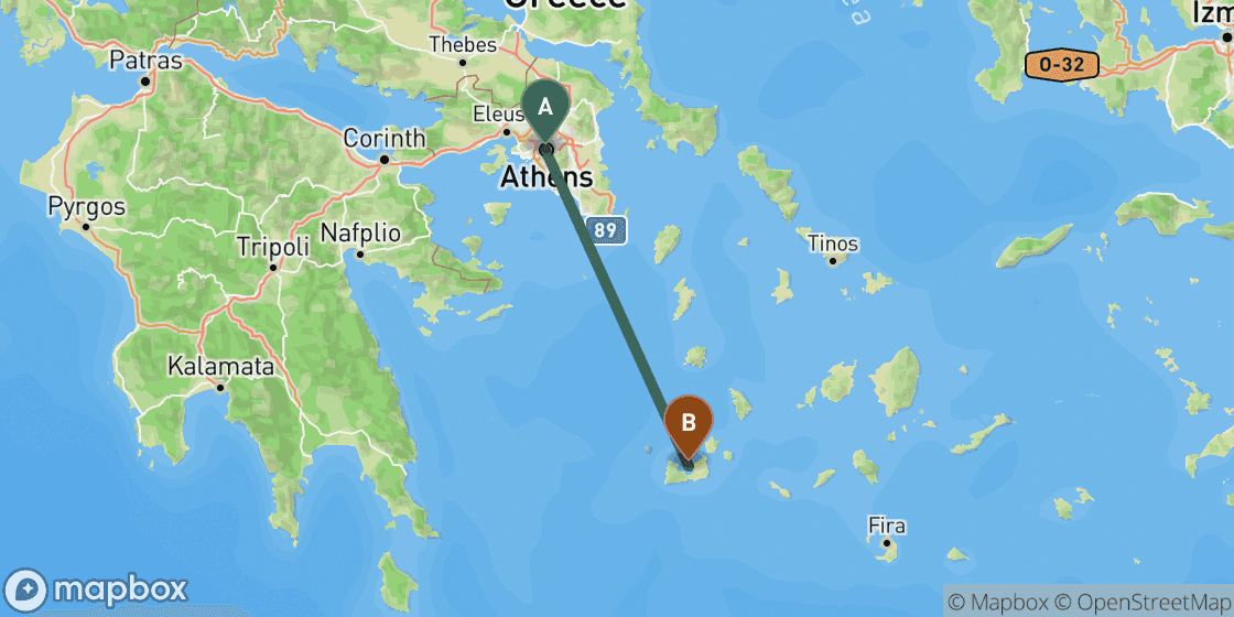 Kaart met de route van Athens naar Milos - 156 km