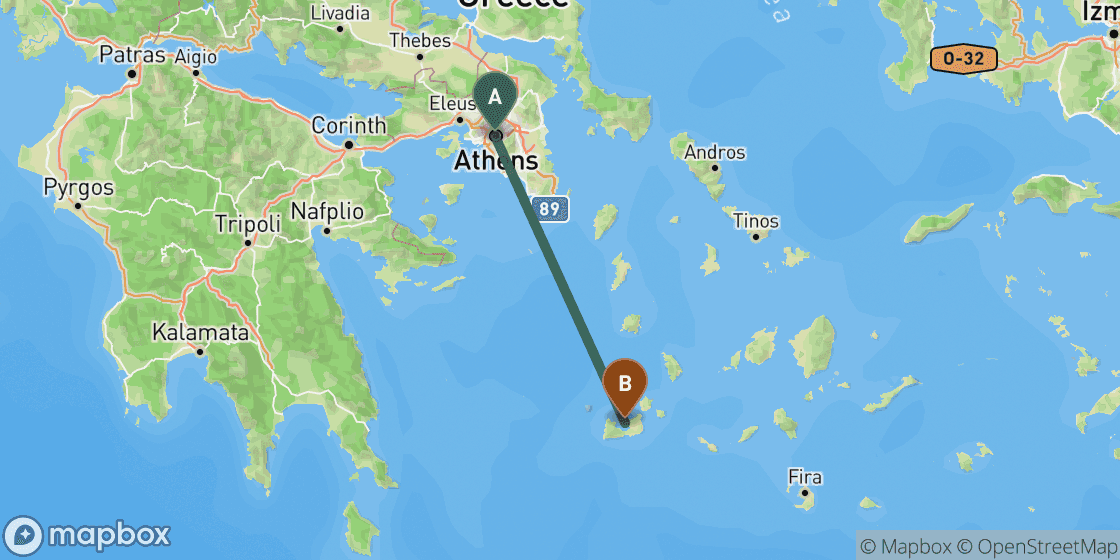Karte mit der Route von Athens nach Milos - 156 km