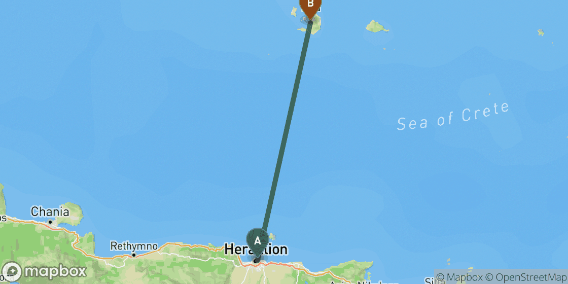 Map showing route from Heraklion to Santorini - 123 km