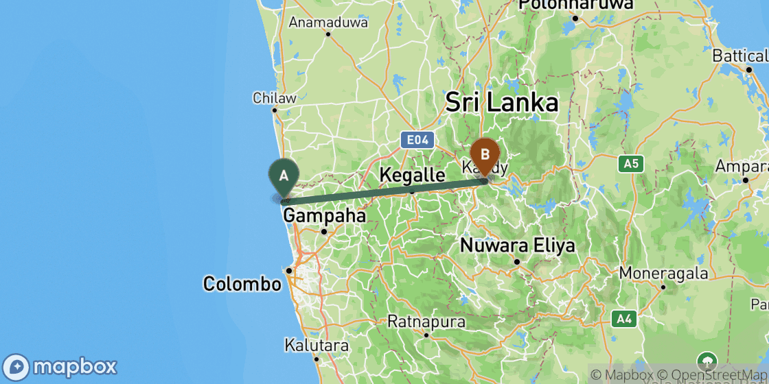 Carte montrant l’itinéraire de Negombo à Kandy - 89 km