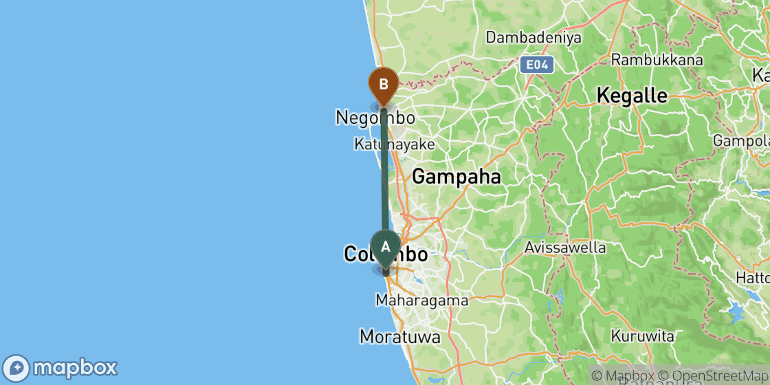 Mapa que muestra la ruta de Colombo a Negombo - 32 km