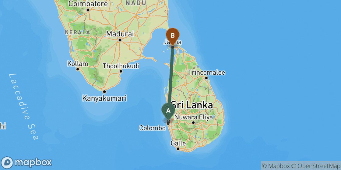 Mapa que muestra la ruta de Colombo a Jaffna - 305 km