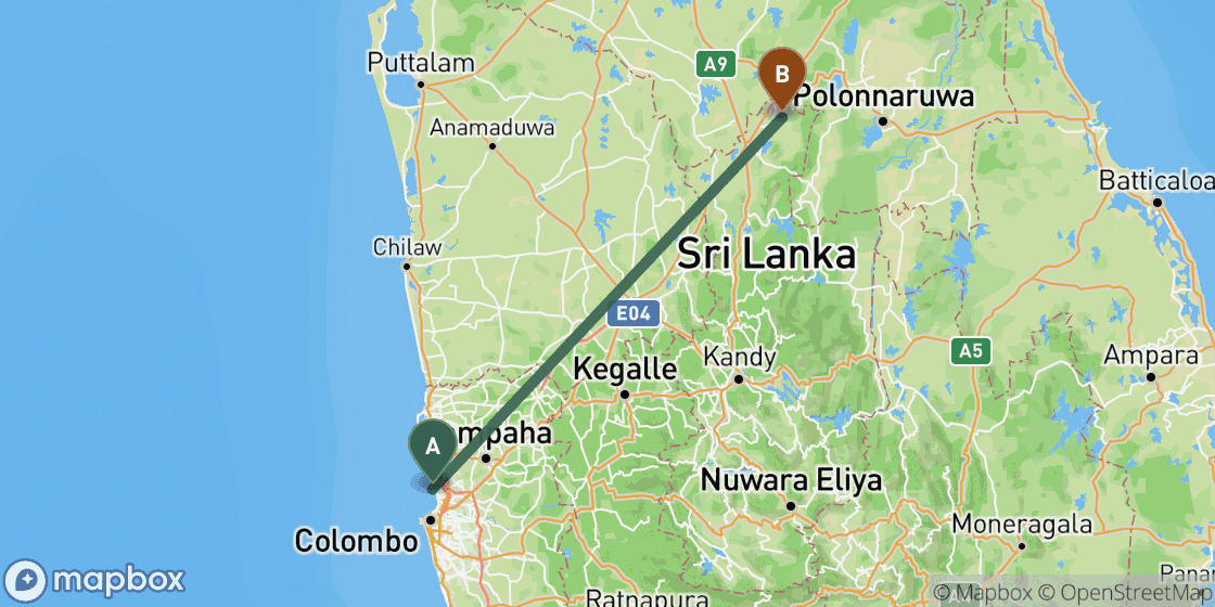 Map showing route from Colombo to Sigiriya - 150 km