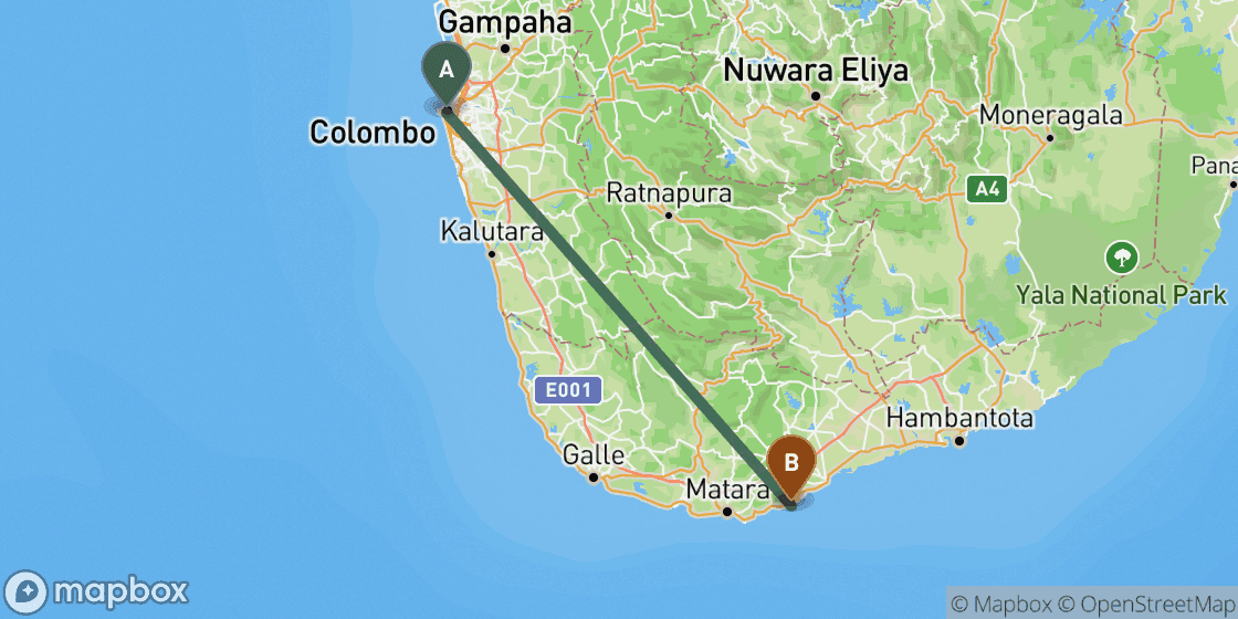 Carte montrant l’itinéraire de Colombo à Dickwella - 142 km