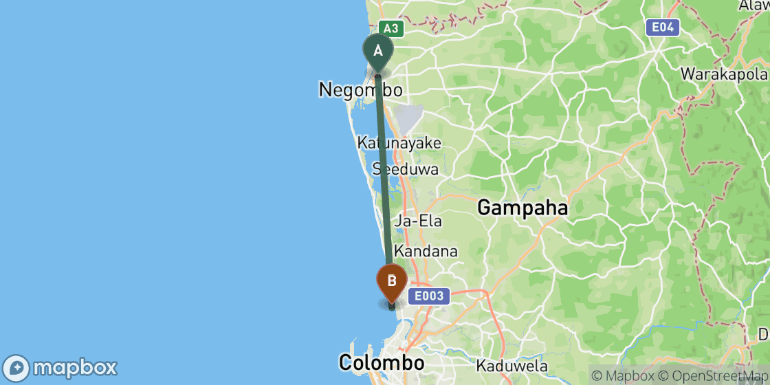 Karte mit der Route von Negombo nach Colombo - 32 km