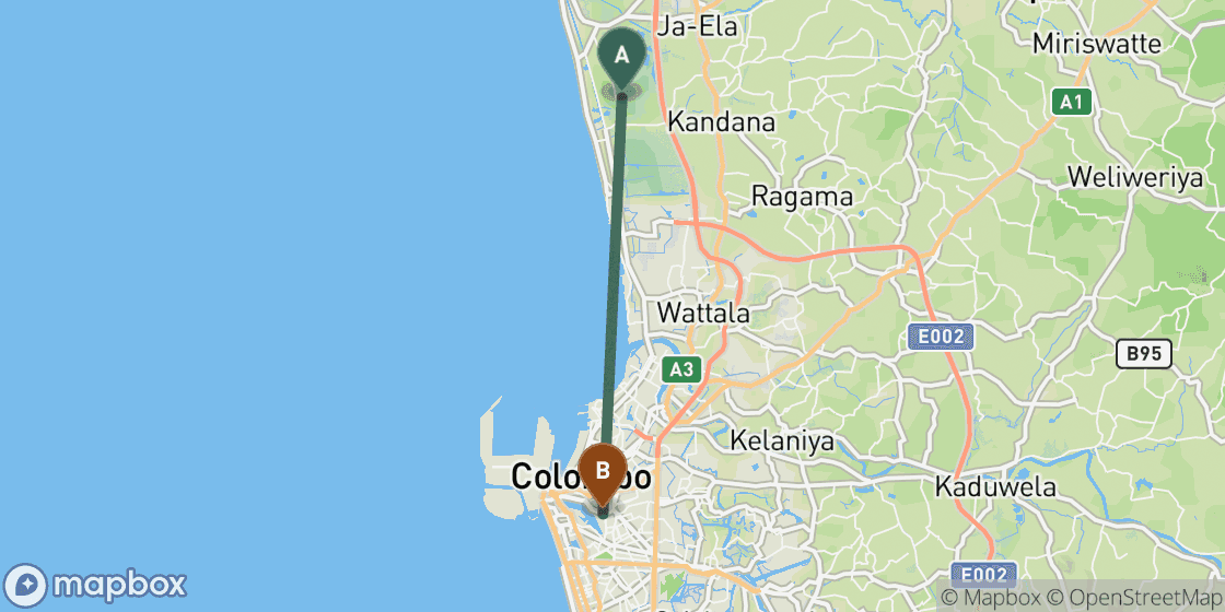 Carte montrant l’itinéraire de Colombo Airport à Colombo City Centre - 32 km