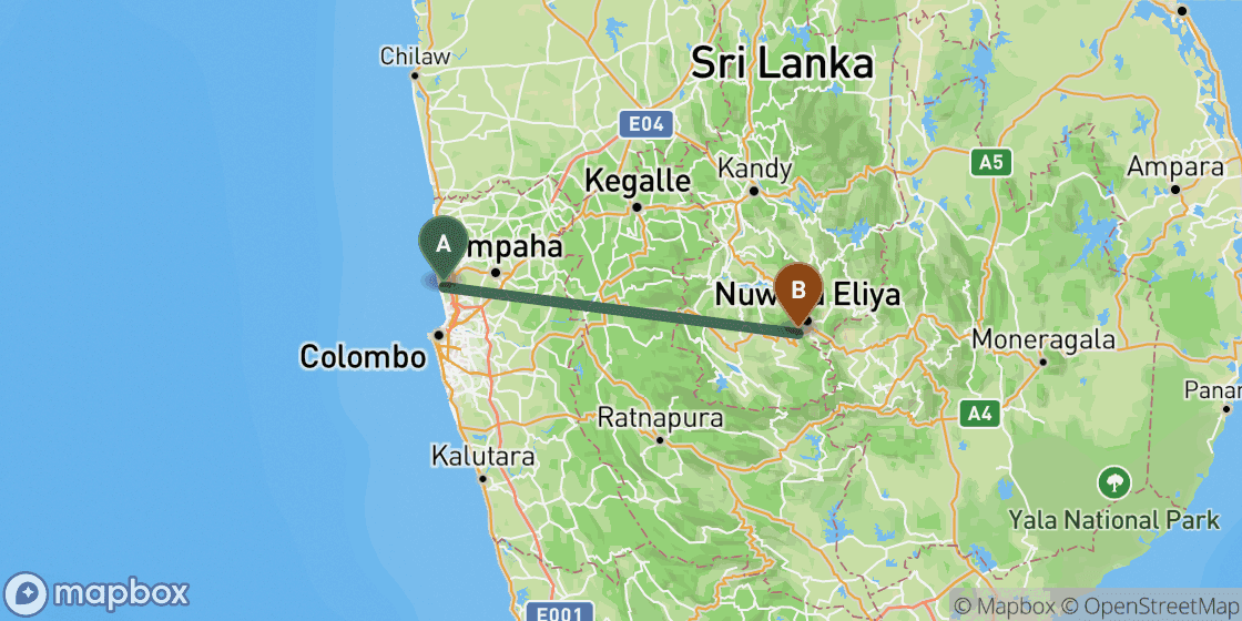 Mapa que muestra la ruta de Colombo a Nuwara Eliya - 100 km