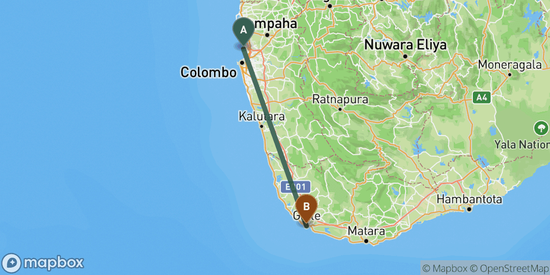 Mapa que muestra la ruta de Colombo a Galle - 107 km