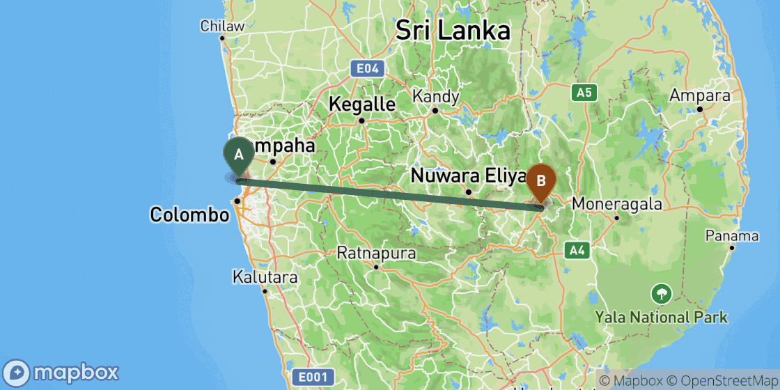 Mapa que muestra la ruta de Colombo a Ella - 131 km