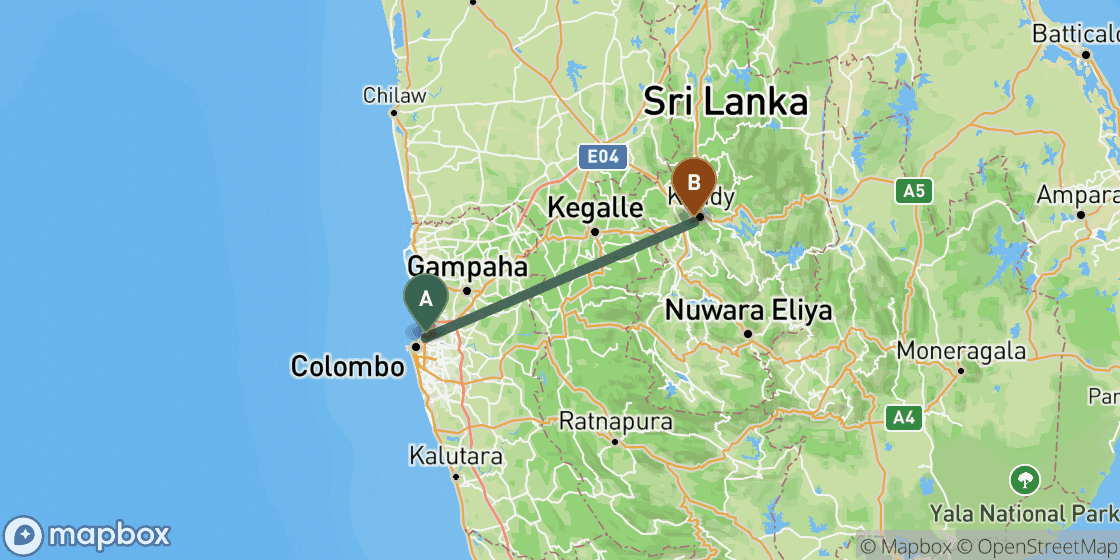 Mapa que muestra la ruta de Colombo a Kandy - 95 km