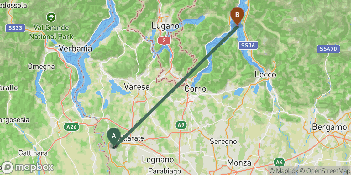 Map showing route from Milan to Lake Como - 60 km