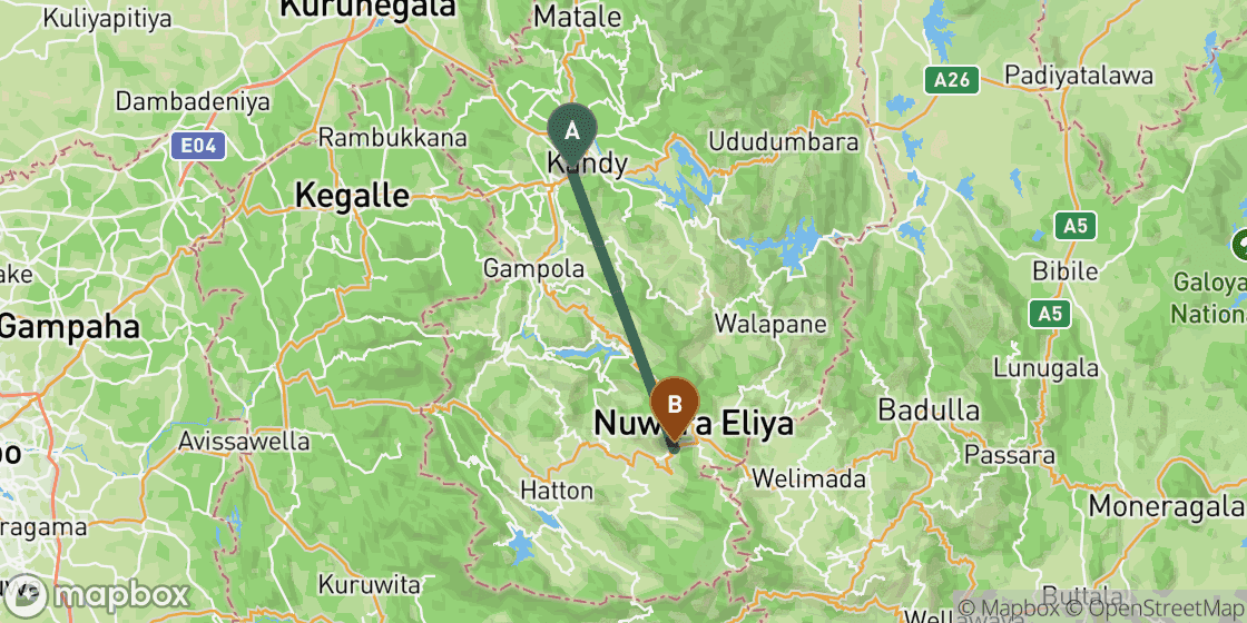 Mapa que muestra la ruta de Kandy a Nuwara Eliya - 39 km