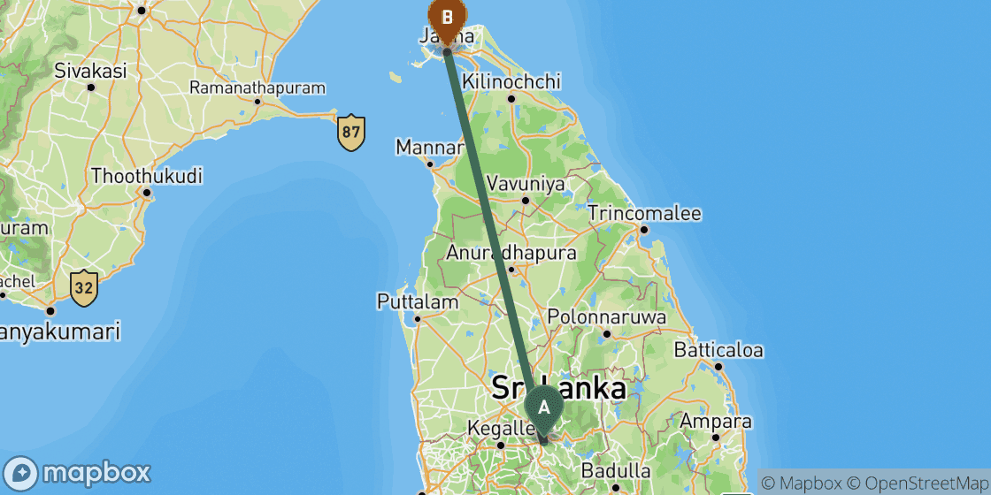 Mapa que muestra la ruta de Kandy a Jaffna - 272 km