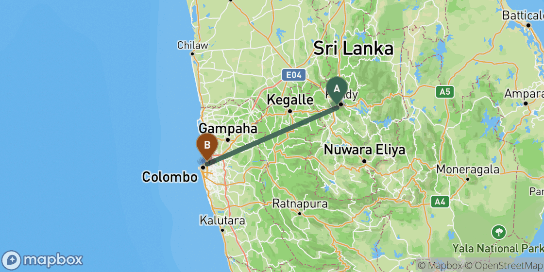 Carte montrant l’itinéraire de Kandy à Colombo - 95 km