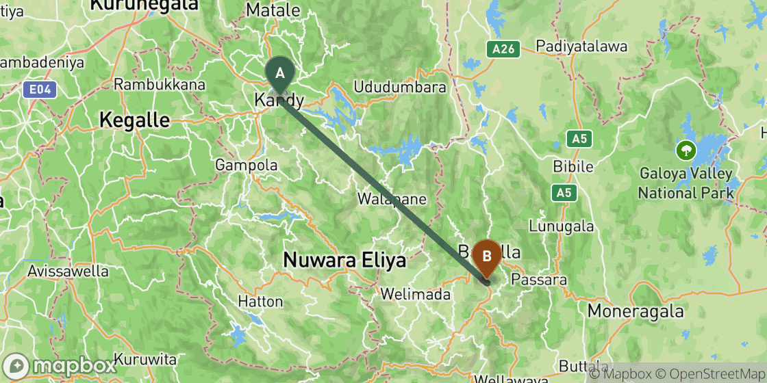 Karte mit der Route von Kandy nach Ella - 66 km