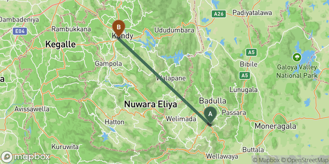 Carte montrant l’itinéraire de Ella à Kandy - 66 km