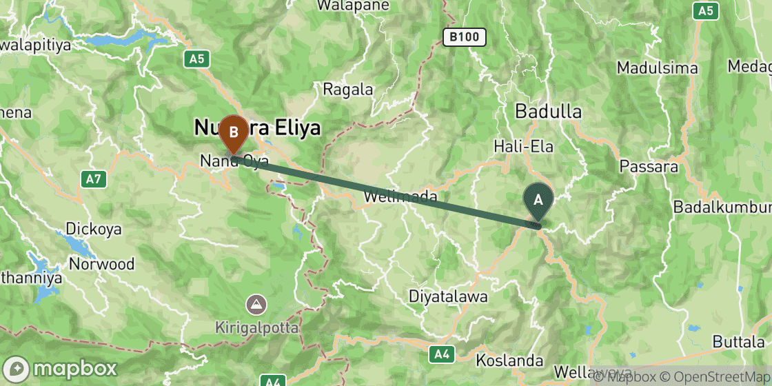 Mapa que muestra la ruta de Ella a Nuwara Eliya - 33 km