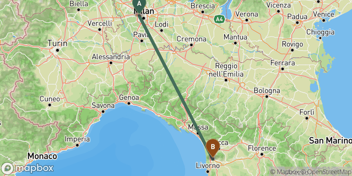 Map showing route from Milan to Pisa - 217 km