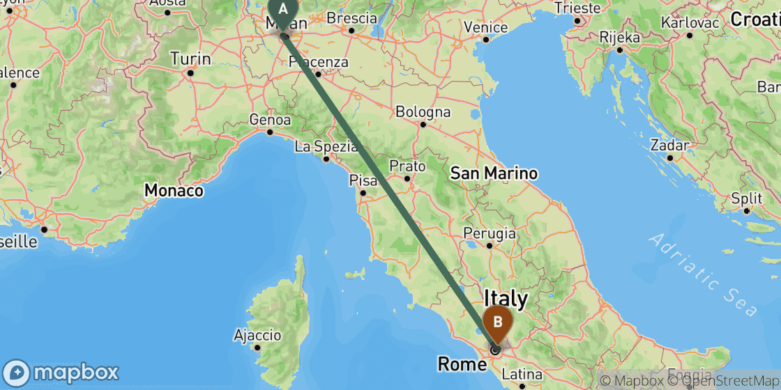 Map showing route from Milan to Rome - 477 km