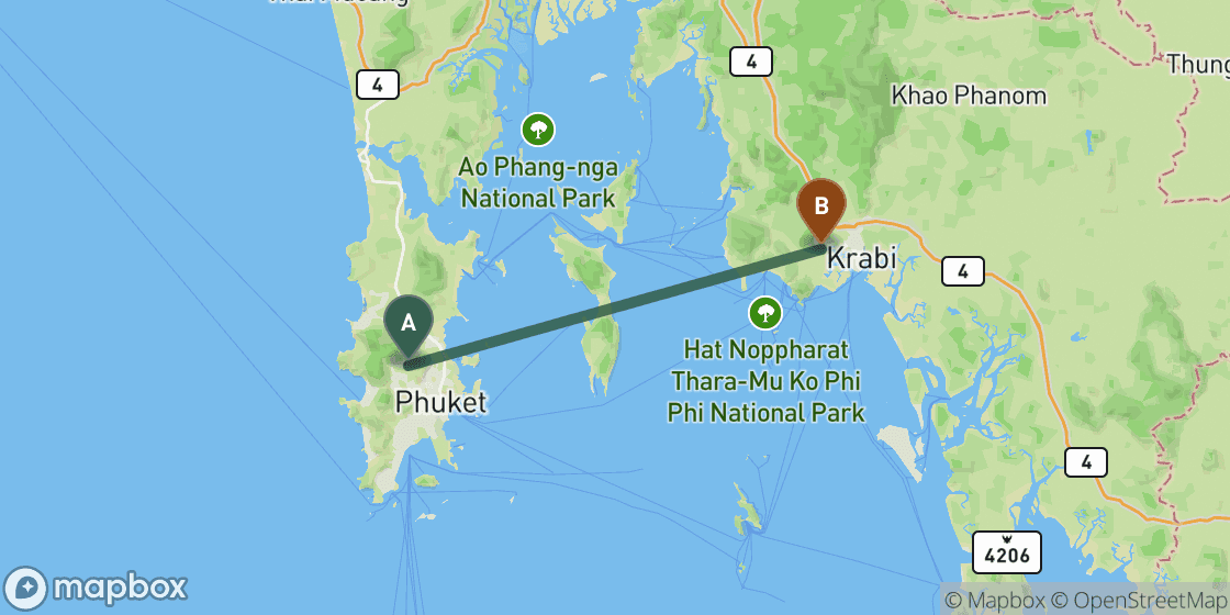 Carte montrant l’itinéraire de Phuket à Krabi - 61 km