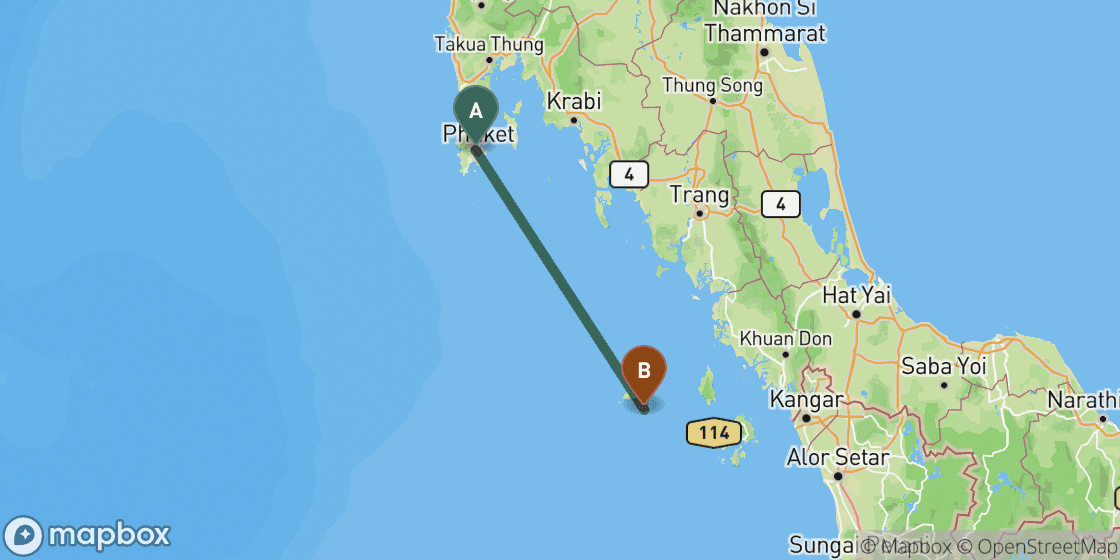 Carte montrant l’itinéraire de Phuket à Koh Lipe - 184 km